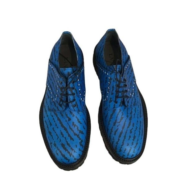Lanvin US Size 7 Electric Blue & Black Lace Up Leather Derby Dress Shoes Oxfords